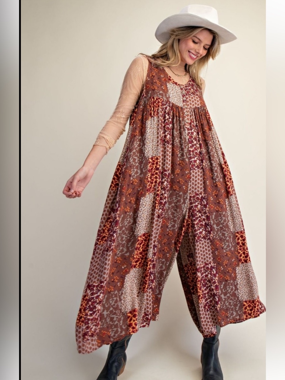 412 ❤️ mocha EASEL PATCHWORK PRINTED RAYON GAUZE JUMPSUIT - Picture 2 of 3